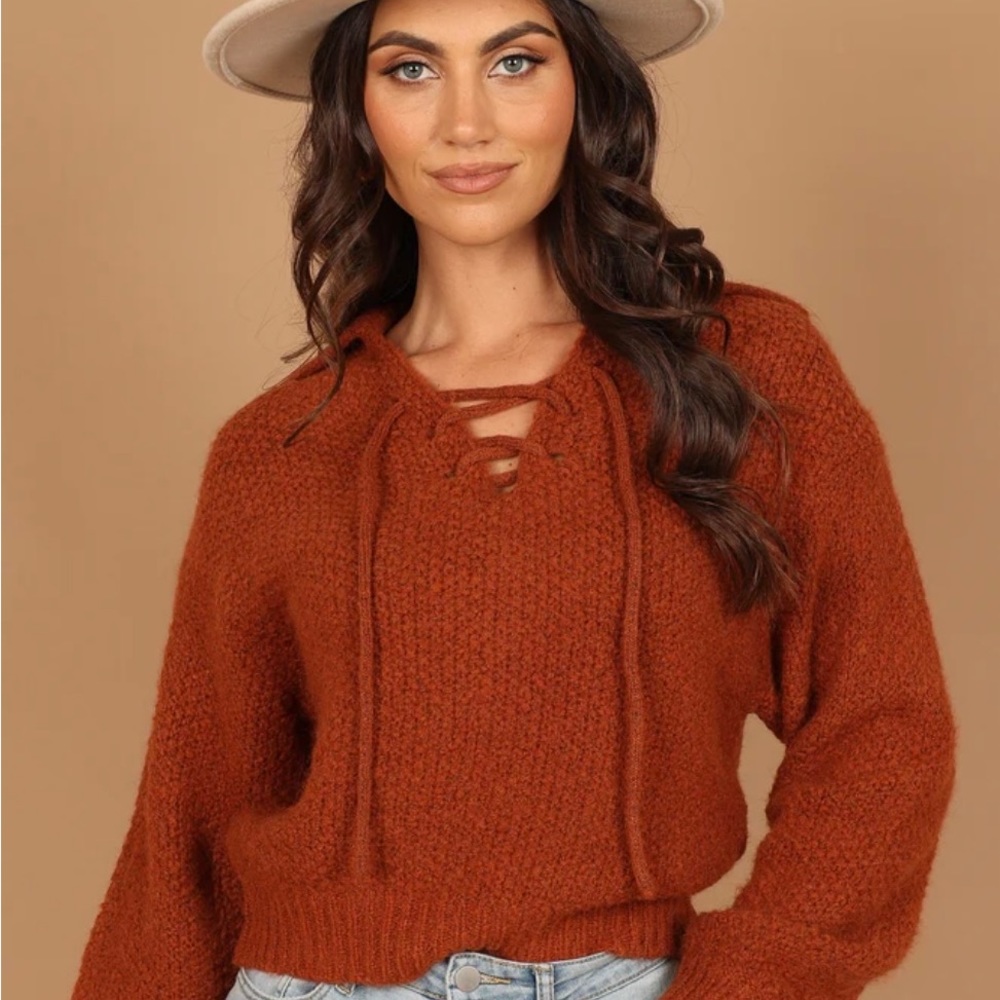CATE TIE NECK KNIT SWEATER - RUST - Picture 3 of 5